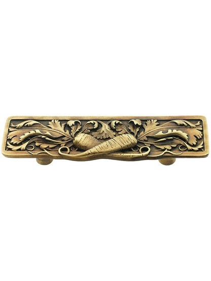 Leafy Carrot Drawer Pull - 3 inch Center to Center in Antique Brass.